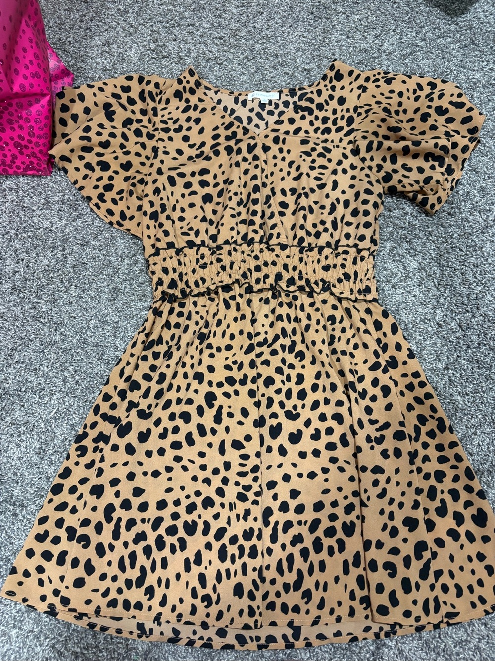 Girls Tan Leopard Print Smocked Waist Dress